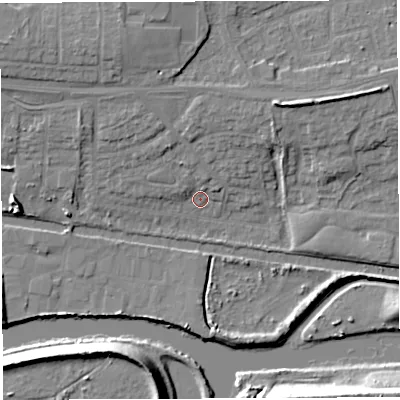 Shaded relief map of the ground around WA14BN, computed from Environment Agency LiDAR. The ground here sits at about 9 m above sea level and falls 13 m across the surrounding 800 m. Surface water reaching this point runs off ground lying to the north-east, 7.9 m higher.