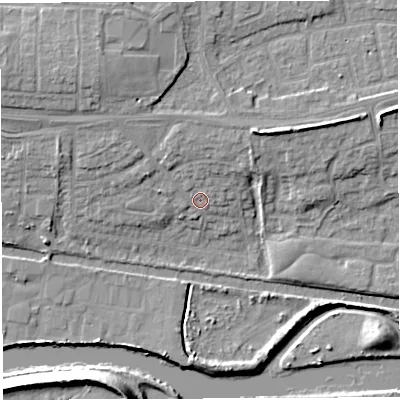Shaded relief map of the ground around WA14BP, computed from Environment Agency LiDAR. The ground here sits at about 11 m above sea level and falls 13 m across the surrounding 800 m. Surface water reaching this point runs off ground lying to the north-east, 5.3 m higher.