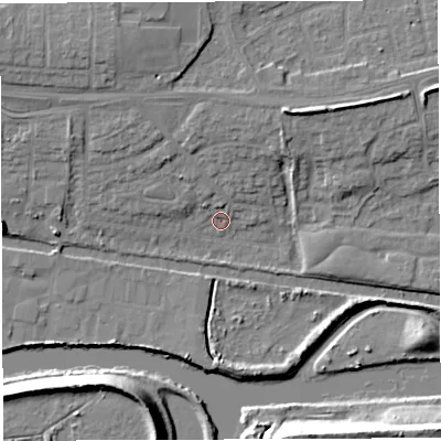 Shaded relief map of the ground around WA14BW, computed from Environment Agency LiDAR. The ground here sits at about 9 m above sea level and falls 13 m across the surrounding 800 m. Surface water reaching this point runs off ground lying to the north-east, 7.9 m higher.