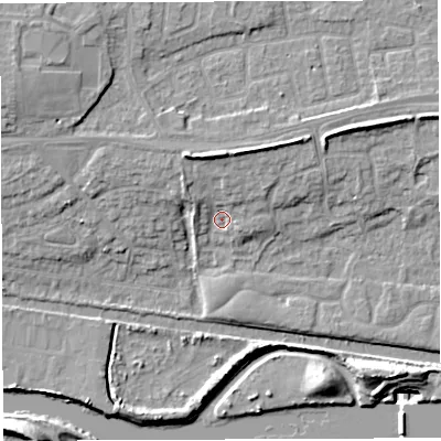 Shaded relief map of the ground around WA14DA, computed from Environment Agency LiDAR. The ground here sits at about 10 m above sea level and falls 14 m across the surrounding 800 m. Surface water reaching this point runs off ground lying to the north-north-west, 6.3 m higher.