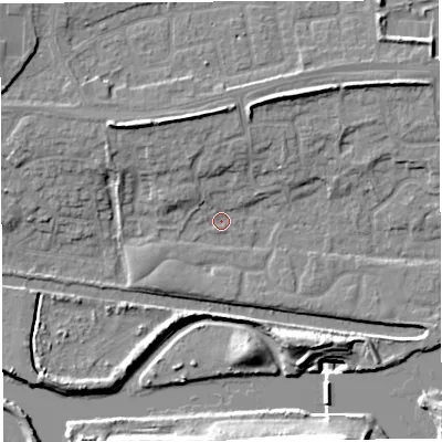 Shaded relief map of the ground around WA14DB, computed from Environment Agency LiDAR. The ground here sits at about 9 m above sea level and falls 14 m across the surrounding 800 m. Surface water reaching this point runs off ground lying to the north-north-east, 7.4 m higher.