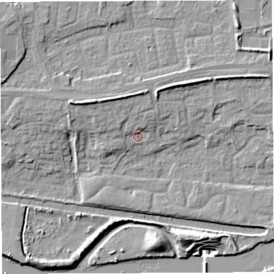 Shaded relief map of the ground around WA14DD, computed from Environment Agency LiDAR. The ground here sits at about 10 m above sea level and falls 12 m across the surrounding 800 m. Surface water reaching this point runs off ground lying to the north-north-west, 5.3 m higher.