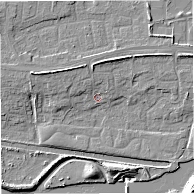 Shaded relief map of the ground around WA14DU, computed from Environment Agency LiDAR. The ground here sits at about 10 m above sea level and falls 20 m across the surrounding 800 m. Surface water reaching this point runs off ground lying to the north-north-west, 2.9 m higher.