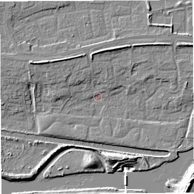 Shaded relief map of the ground around WA14DX, computed from Environment Agency LiDAR. The ground here sits at about 9 m above sea level and falls 20 m across the surrounding 800 m. Surface water reaching this point runs off ground lying to the north-north-east, 7.4 m higher.