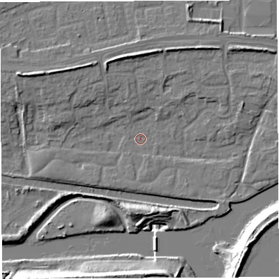 Shaded relief map of the ground around WA14DY, computed from Environment Agency LiDAR. The ground here sits at about 9 m above sea level and falls 20 m across the surrounding 800 m. Surface water reaching this point runs off ground lying to the north-east, 7.5 m higher.