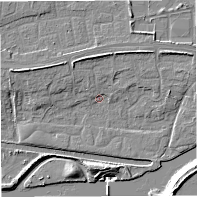 Shaded relief map of the ground around WA14DZ, computed from Environment Agency LiDAR. The ground here sits at about 9 m above sea level and falls 20 m across the surrounding 800 m. Surface water reaching this point runs off ground lying to the east-north-east, 7.5 m higher.