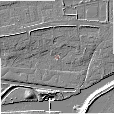 Shaded relief map of the ground around WA14EA, computed from Environment Agency LiDAR. The ground here sits at about 9 m above sea level and falls 20 m across the surrounding 800 m. Surface water reaching this point runs off ground lying to the north, 2.5 m higher.