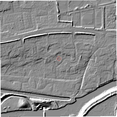 Shaded relief map of the ground around WA14EB, computed from Environment Agency LiDAR. The ground here sits at about 10 m above sea level and falls 20 m across the surrounding 800 m. Surface water reaching this point runs off ground lying to the north, 5.3 m higher.