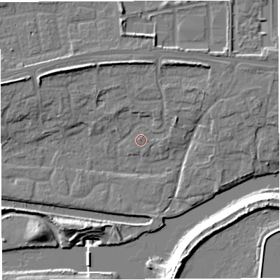 Shaded relief map of the ground around WA14ED, computed from Environment Agency LiDAR. The ground here sits at about 10 m above sea level and falls 20 m across the surrounding 800 m. Surface water reaching this point runs off ground lying to the east-north-east, 2.9 m higher.
