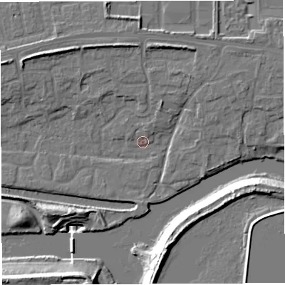 Shaded relief map of the ground around WA14EF, computed from Environment Agency LiDAR. The ground here sits at about 10 m above sea level and falls 20 m across the surrounding 800 m. Surface water reaching this point runs off ground lying to the north-east, 5.8 m higher.
