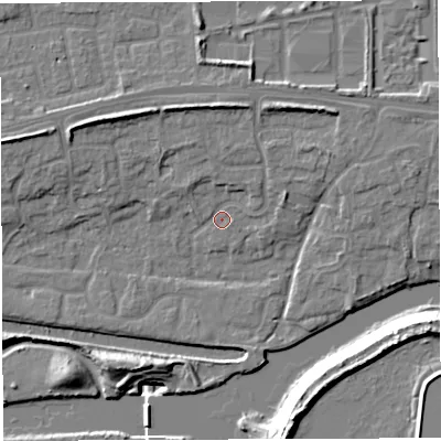 Shaded relief map of the ground around WA14EH, computed from Environment Agency LiDAR. The ground here sits at about 10 m above sea level and falls 20 m across the surrounding 800 m. Surface water reaching this point runs off ground lying to the north-north-east, 6.1 m higher.