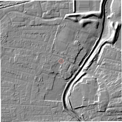Shaded relief map of the ground around WA14JL, computed from Environment Agency LiDAR. The ground here sits at about 10 m above sea level and falls 9 m across the surrounding 800 m. Surface water reaching this point runs off ground lying to the north, 1.8 m higher.