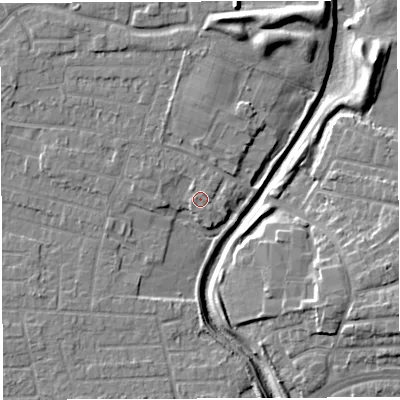 Shaded relief map of the ground around WA14JS, computed from Environment Agency LiDAR. The ground here sits at about 10 m above sea level and falls 9 m across the surrounding 800 m. Surface water reaching this point runs off ground lying to the north-east, 1.0 m higher.
