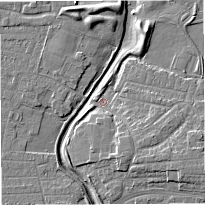 Shaded relief map of the ground around WA14JY, computed from Environment Agency LiDAR. The ground here sits at about 9 m above sea level and falls 10 m across the surrounding 800 m. Surface water reaching this point runs off ground lying to the south-east, 7.5 m higher.