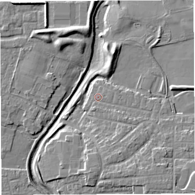 Shaded relief map of the ground around WA14LG, computed from Environment Agency LiDAR. The ground here sits at about 11 m above sea level and falls 10 m across the surrounding 800 m. Surface water reaching this point runs off ground lying to the south-south-east, 4.5 m higher.