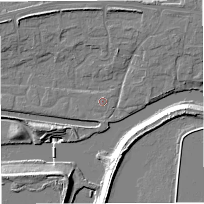 Shaded relief map of the ground around WA14LT, computed from Environment Agency LiDAR. The ground here sits at about 10 m above sea level and falls 20 m across the surrounding 800 m. Surface water reaching this point runs off ground lying to the north-north-east, 0.6 m higher.