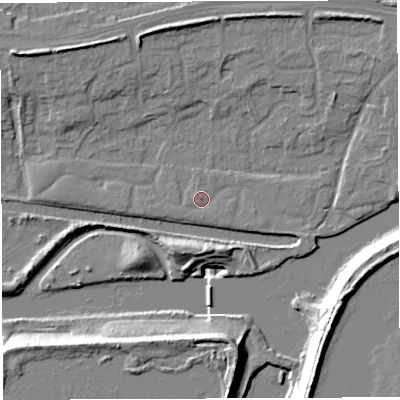 Shaded relief map of the ground around WA14LU, computed from Environment Agency LiDAR. The ground here sits at about 10 m above sea level and falls 20 m across the surrounding 800 m. Surface water reaching this point runs off ground lying to the east-south-east, 1.7 m higher.