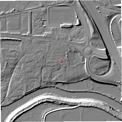 Shaded relief map of the ground around WA14PZ, computed from Environment Agency LiDAR. The ground here sits at about 13 m above sea level and falls 15 m across the surrounding 800 m. Surface water reaching this point runs off ground lying to the north-east, 1.7 m higher.