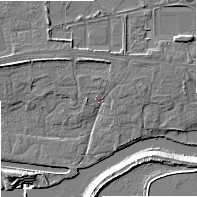 Shaded relief map of the ground around WA14QQ, computed from Environment Agency LiDAR. The ground here sits at about 12 m above sea level and falls 19 m across the surrounding 800 m. Surface water reaching this point runs off ground lying to the north-east, 3.4 m higher.
