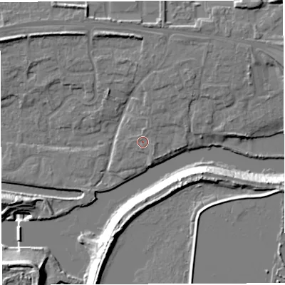 Shaded relief map of the ground around WA14QT, computed from Environment Agency LiDAR. The ground here sits at about 11 m above sea level and falls 20 m across the surrounding 800 m. Surface water reaching this point runs off ground lying to the north-east, 0.8 m higher.