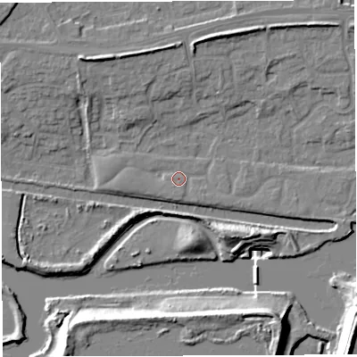 Shaded relief map of the ground around WA14QY, computed from Environment Agency LiDAR. The ground here sits at about 9 m above sea level and falls 20 m across the surrounding 800 m. Surface water reaching this point runs off ground lying to the south-east, 1.1 m higher.