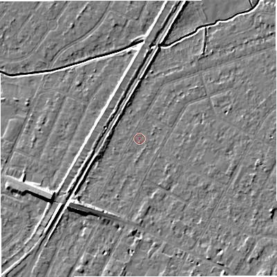 Shaded relief map of the ground around WA156AB, computed from Environment Agency LiDAR. The ground here sits at about 25 m above sea level and falls 9 m across the surrounding 800 m. Surface water reaching this point runs off ground lying to the south, 0.6 m higher.