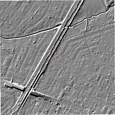 Shaded relief map of the ground around WA156AD, computed from Environment Agency LiDAR. The ground here sits at about 24 m above sea level and falls 9 m across the surrounding 800 m. Surface water reaching this point runs off ground lying to the south-west, 7.0 m higher.
