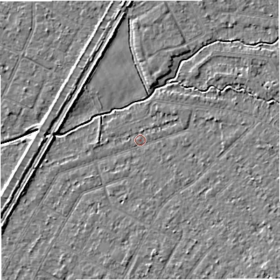 Shaded relief map of the ground around WA156AE, computed from Environment Agency LiDAR. The ground here sits at about 25 m above sea level and falls 5 m across the surrounding 800 m. Surface water reaching this point runs off ground lying to the south-east, 2.7 m higher.