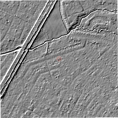 Shaded relief map of the ground around WA156AF, computed from Environment Agency LiDAR. The ground here sits at about 25 m above sea level and falls 5 m across the surrounding 800 m. Surface water reaching this point runs off ground lying to the south-east, 2.2 m higher.