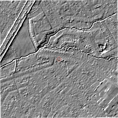 Shaded relief map of the ground around WA156AJ, computed from Environment Agency LiDAR. The ground here sits at about 25 m above sea level and falls 5 m across the surrounding 800 m. Surface water reaching this point runs off ground lying to the east-south-east, 2.5 m higher.