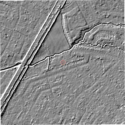 Shaded relief map of the ground around WA156AL, computed from Environment Agency LiDAR. The ground here sits at about 25 m above sea level and falls 5 m across the surrounding 800 m. Surface water reaching this point runs off ground lying to the east-north-east, 1.2 m higher.