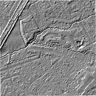 Shaded relief map of the ground around WA156AN, computed from Environment Agency LiDAR. The ground here sits at about 25 m above sea level and falls 5 m across the surrounding 800 m. Surface water reaching this point runs off ground lying to the east-south-east, 2.6 m higher.
