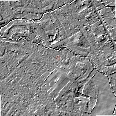 Shaded relief map of the ground around WA156AP, computed from Environment Agency LiDAR. The ground here sits at about 26 m above sea level and falls 4 m across the surrounding 800 m. Surface water reaching this point runs off ground lying to the south-east, 2.4 m higher.