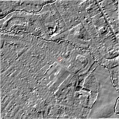 Shaded relief map of the ground around WA156AS, computed from Environment Agency LiDAR. The ground here sits at about 26 m above sea level and falls 4 m across the surrounding 800 m. Surface water reaching this point runs off ground lying to the south-east, 1.3 m higher.