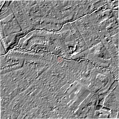 Shaded relief map of the ground around WA156AW, computed from Environment Agency LiDAR. The ground here sits at about 26 m above sea level and falls 4 m across the surrounding 800 m. Surface water reaching this point runs off ground lying to the south-east, 2.0 m higher.