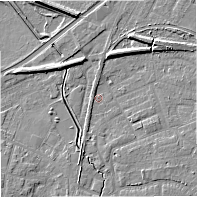 Shaded relief map of the ground around WA156AY, computed from Environment Agency LiDAR. The ground here sits at about 25 m above sea level and falls 9 m across the surrounding 800 m. Surface water reaching this point runs off ground lying to the south-south-west, 4.4 m higher.