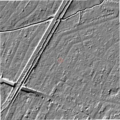 Shaded relief map of the ground around WA156BD, computed from Environment Agency LiDAR. The ground here sits at about 25 m above sea level and falls 9 m across the surrounding 800 m. Surface water reaching this point runs off ground lying to the south-east, 2.6 m higher.