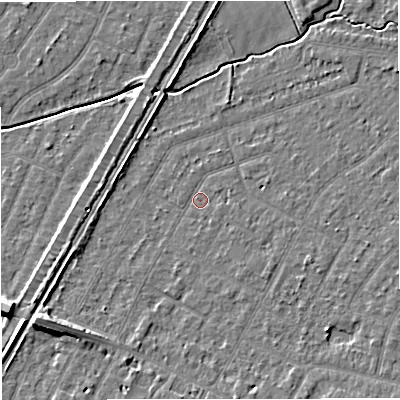 Shaded relief map of the ground around WA156BJ, computed from Environment Agency LiDAR. The ground here sits at about 25 m above sea level and falls 9 m across the surrounding 800 m. Surface water reaching this point runs off ground lying to the south-east, 2.0 m higher.