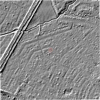 Shaded relief map of the ground around WA156BL, computed from Environment Agency LiDAR. The ground here sits at about 25 m above sea level and falls 6 m across the surrounding 800 m. Surface water reaching this point runs off ground lying to the east-south-east, 0.6 m higher.