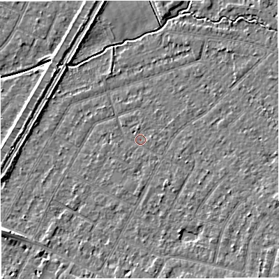 Shaded relief map of the ground around WA156BN, computed from Environment Agency LiDAR. The ground here sits at about 25 m above sea level and falls 6 m across the surrounding 800 m. Surface water reaching this point runs off ground lying to the east-south-east, 2.6 m higher.