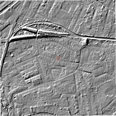 Shaded relief map of the ground around WA156JX, computed from Environment Agency LiDAR. The ground here sits at about 27 m above sea level and falls 8 m across the surrounding 800 m. Surface water reaching this point runs off ground lying to the east-north-east, 1.7 m higher.
