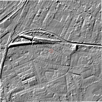 Shaded relief map of the ground around WA156JY, computed from Environment Agency LiDAR. The ground here sits at about 27 m above sea level and falls 8 m across the surrounding 800 m. Surface water reaching this point runs off ground lying to the east, 1.7 m higher.