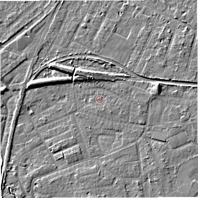 Shaded relief map of the ground around WA156LA, computed from Environment Agency LiDAR. The ground here sits at about 26 m above sea level and falls 8 m across the surrounding 800 m. Surface water reaching this point runs off ground lying to the east-south-east, 3.4 m higher.