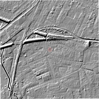 Shaded relief map of the ground around WA156LD, computed from Environment Agency LiDAR. The ground here sits at about 26 m above sea level and falls 8 m across the surrounding 800 m. Surface water reaching this point runs off ground lying to the north-north-east, 5.9 m higher.