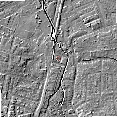 Shaded relief map of the ground around WA156RH, computed from Environment Agency LiDAR. The ground here sits at about 27 m above sea level and falls 13 m across the surrounding 800 m. Surface water reaching this point runs off ground lying to the south-south-west, 5.6 m higher.
