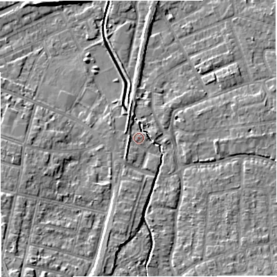 Shaded relief map of the ground around WA156RJ, computed from Environment Agency LiDAR. The ground here sits at about 27 m above sea level and falls 10 m across the surrounding 800 m. Surface water reaching this point runs off ground lying to the east-north-east, 2.9 m higher.
