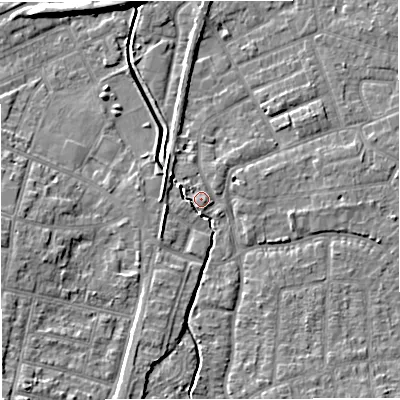 Shaded relief map of the ground around WA156RL, computed from Environment Agency LiDAR. The ground here sits at about 27 m above sea level and falls 10 m across the surrounding 800 m. Surface water reaching this point runs off ground lying to the east-south-east, 2.9 m higher.
