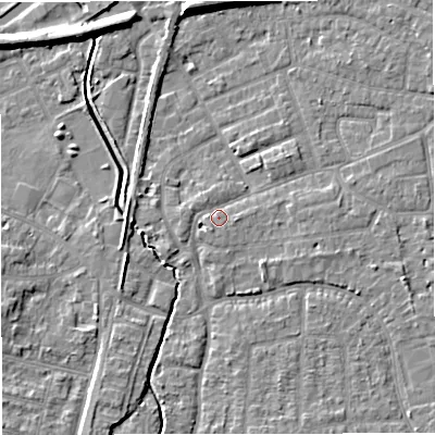 Shaded relief map of the ground around WA156RN, computed from Environment Agency LiDAR. The ground here sits at about 27 m above sea level and falls 8 m across the surrounding 800 m. Surface water reaching this point runs off ground lying to the south-south-west, 1.5 m higher.