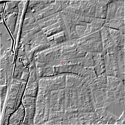 Shaded relief map of the ground around WA156RP, computed from Environment Agency LiDAR. The ground here sits at about 27 m above sea level and falls 7 m across the surrounding 800 m. Surface water reaching this point runs off ground lying to the east-south-east, 1.4 m higher.