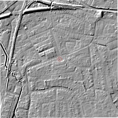 Shaded relief map of the ground around WA156RS, computed from Environment Agency LiDAR. The ground here sits at about 26 m above sea level and falls 8 m across the surrounding 800 m. Surface water reaching this point runs off ground lying to the south-east, 3.3 m higher.